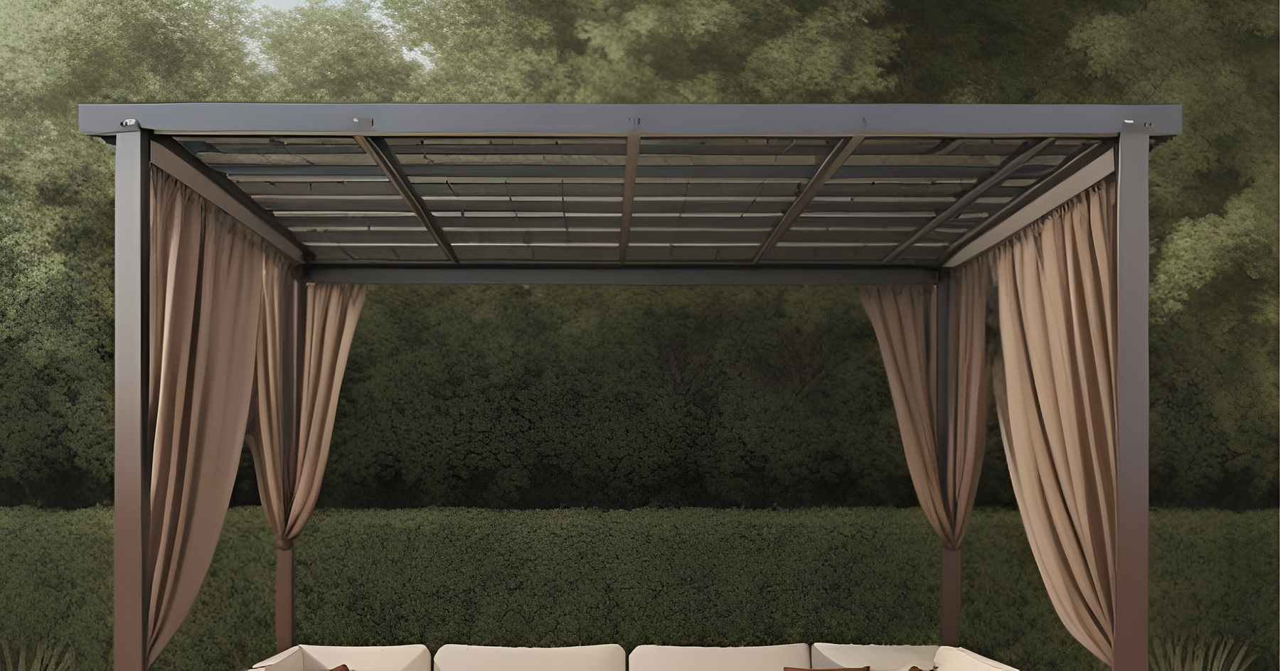 Brown Metal Pergola with Canopy with Sofa Set