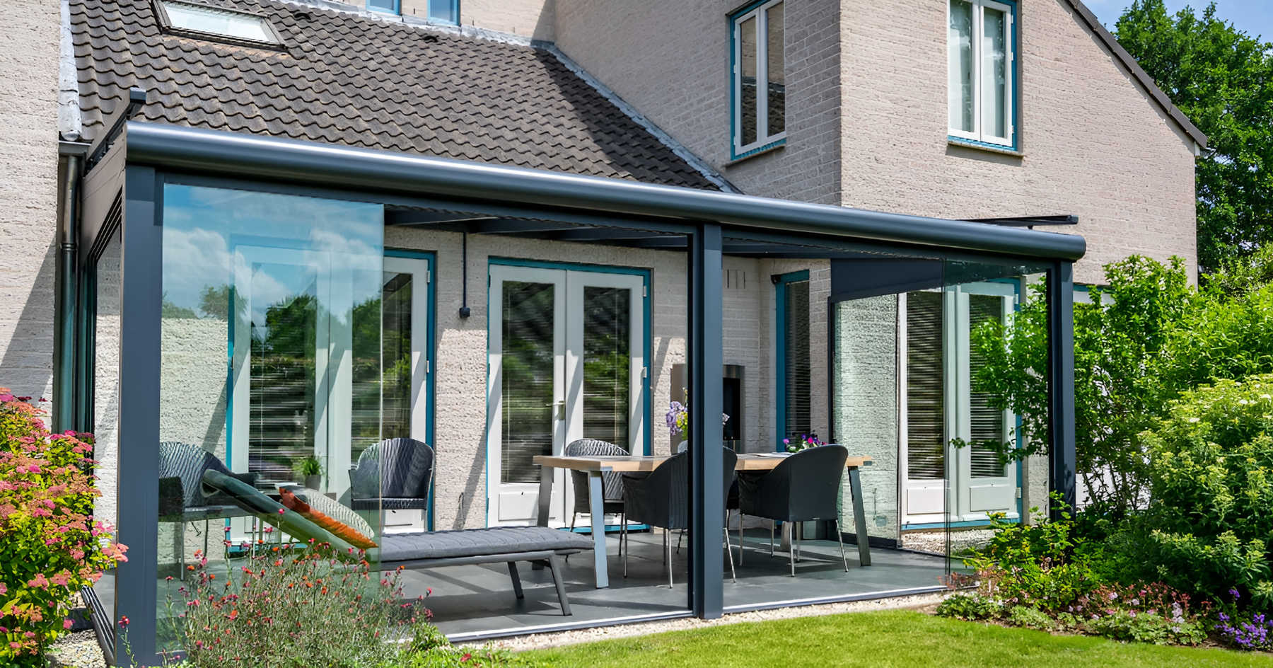 Deponti Pigato Aluminium Pergola Veranda Grey - Attached to the House with Sliding Glass Doors