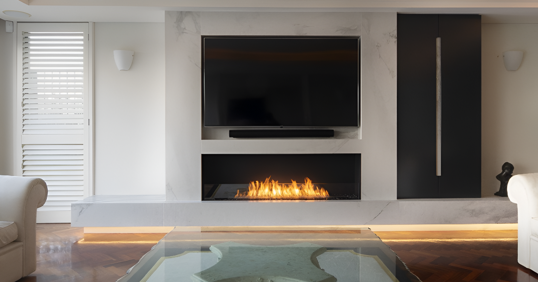 EcoSmart Fire Flex Single Sided Fireplaces with Decorative Log Boxes Lifestyle