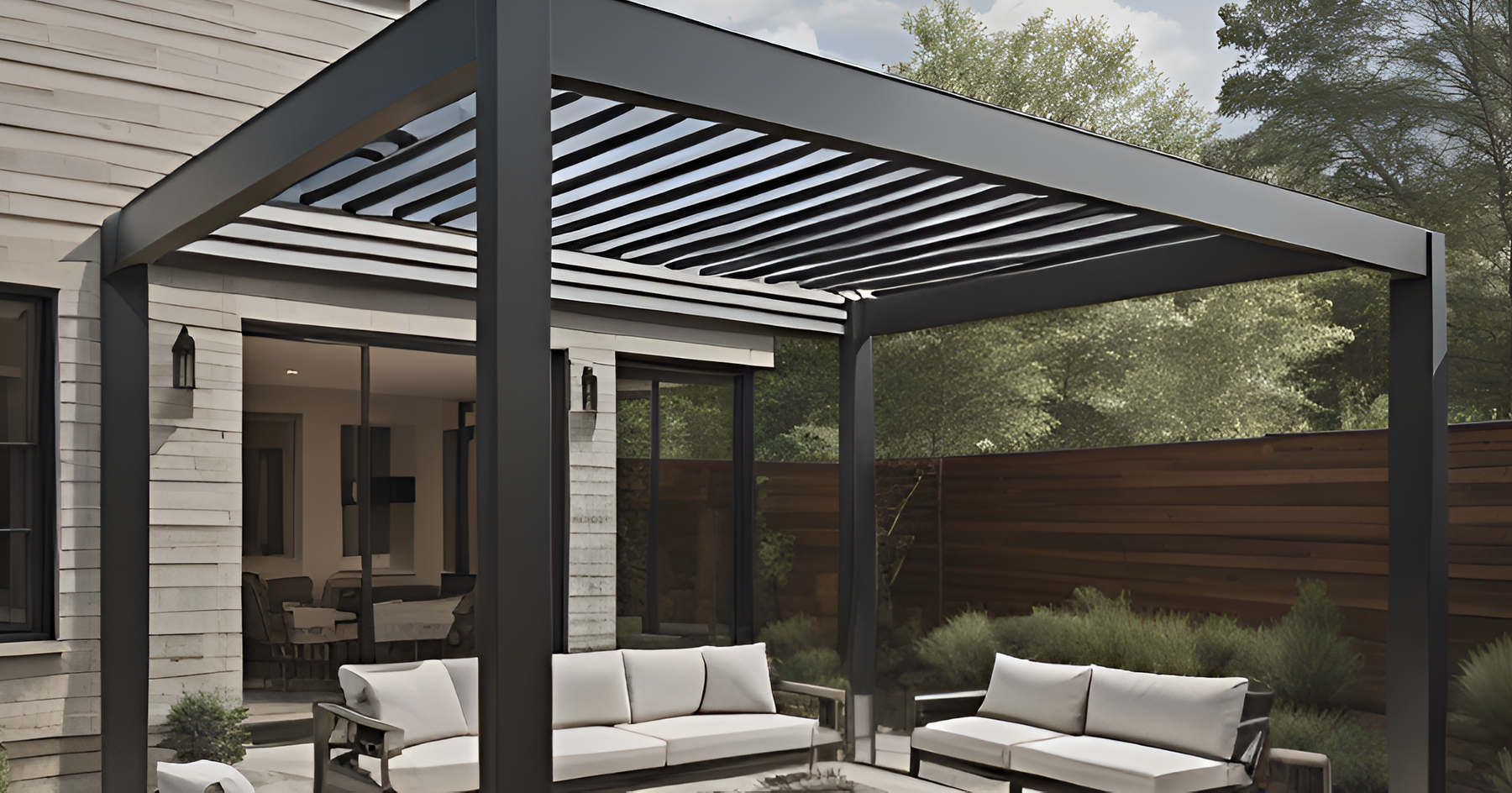 Gray Pergola kit with roof with sofa set