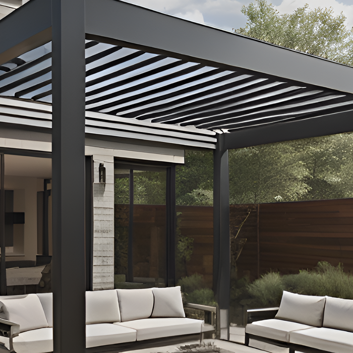 Gray Pergola kit with roof with sofa set