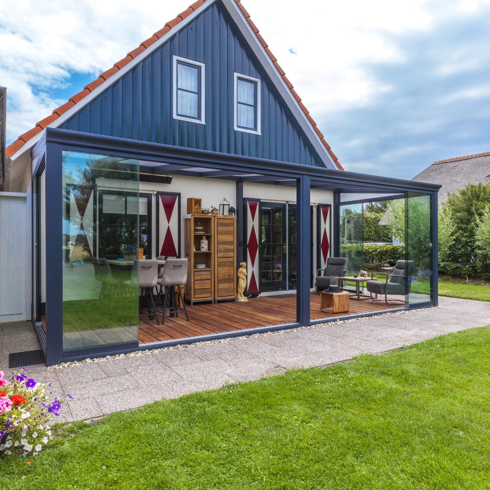 Deponti Bosco Aluminium Pergola Veranda Grey - Front Right View Attached to the House