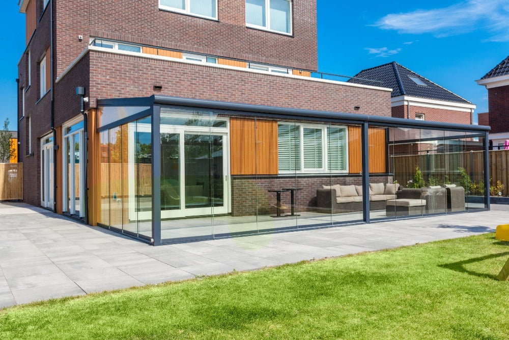 Deponti Bosco Aluminium Pergola Veranda Grey - Front Right View Attached to the House
