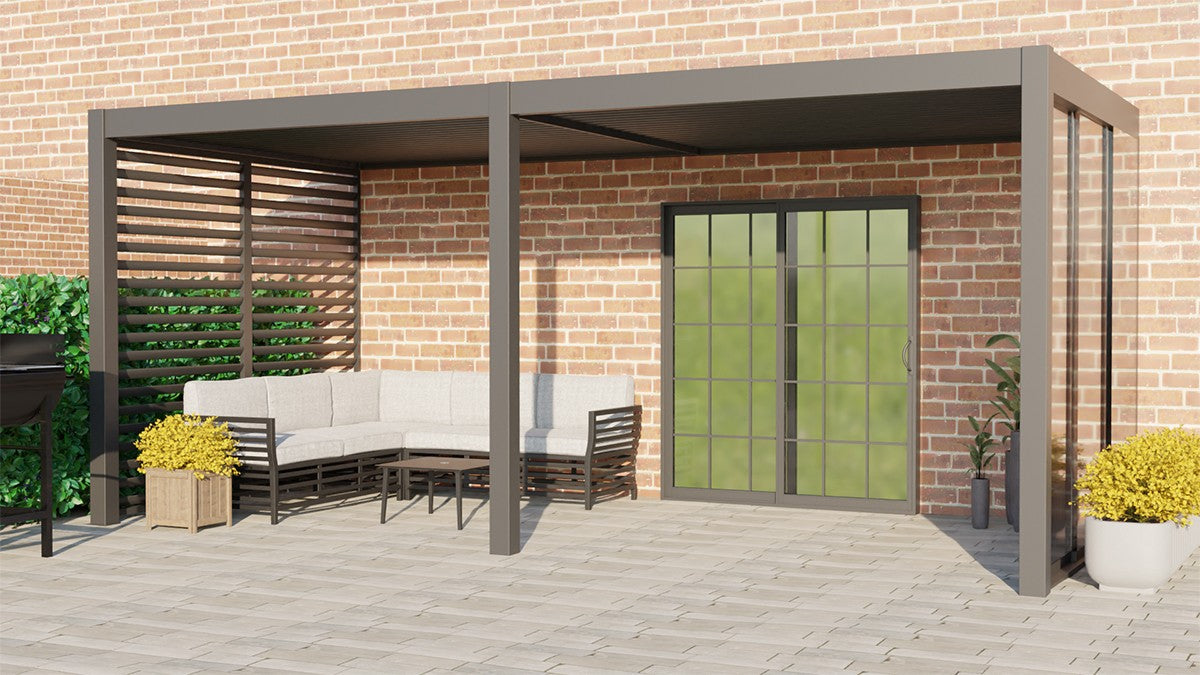 Remanso Luxury Electric Pergola 3x6 Wall Mounted Model - With Sofa Set