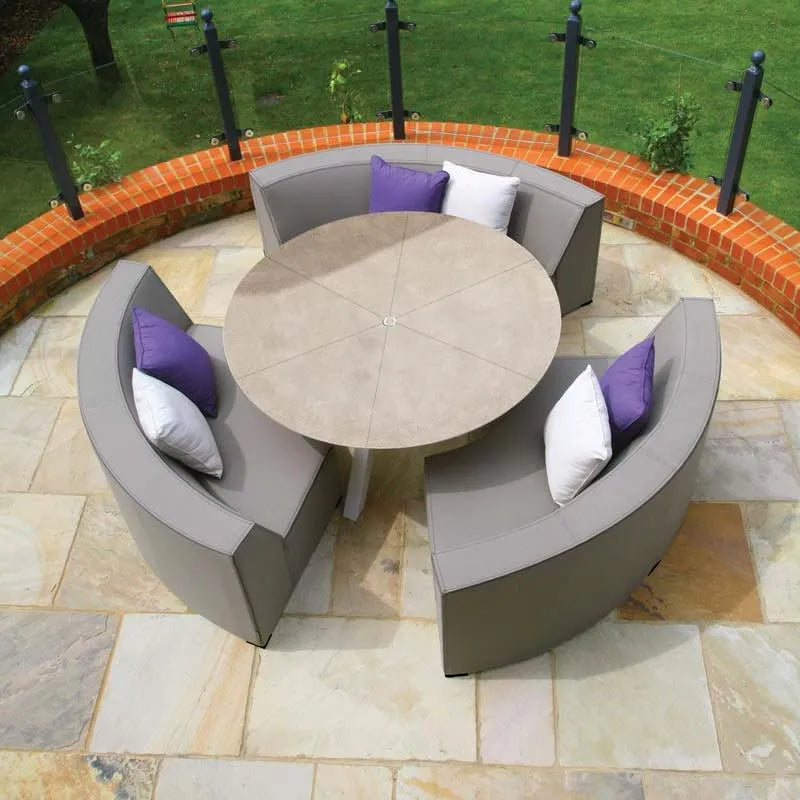Westminster Cosy Dining Set - Round 160cm Sphere Table, 6-8 Seater with 3x - 4x Cosy Curved Sofa White / Stone Table, Stone Natte Sofa, Lifestyle Image