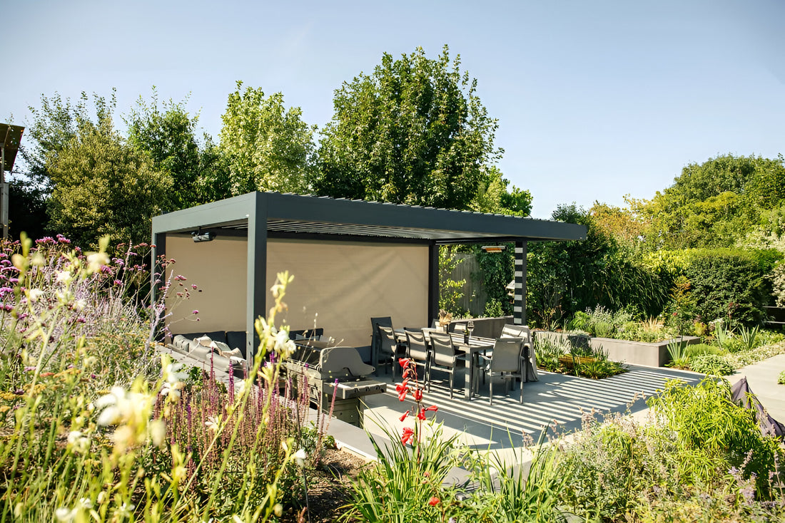 Caribbean Blinds Deluxe Pod - Pergola with Sofa Set and Dining Set