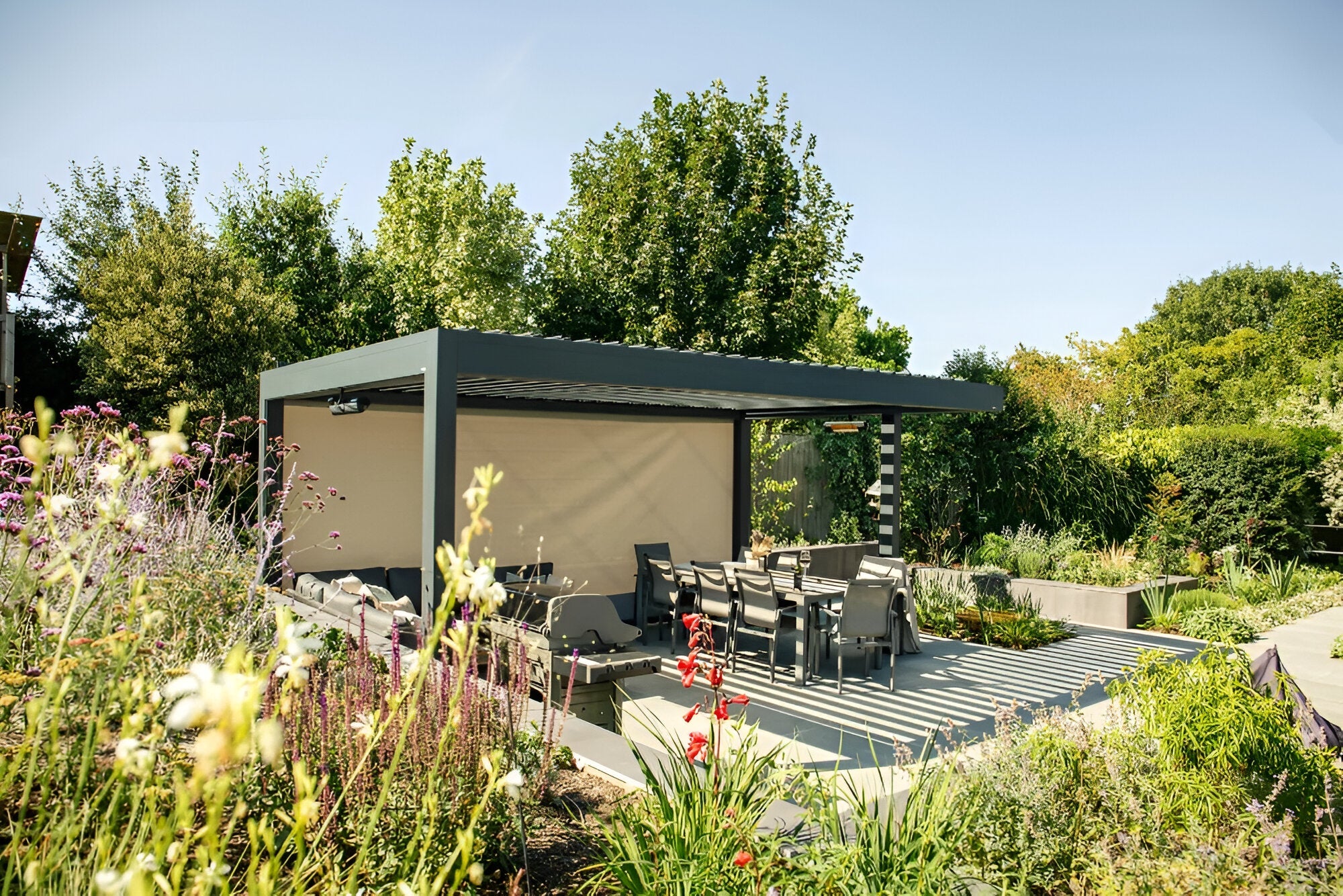 Caribbean Blinds Deluxe Pod - Pergola with Sofa Set and Dining Set