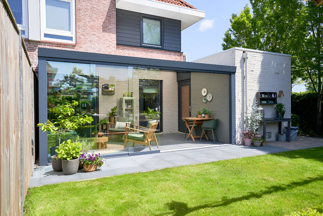 Deponti Giallo Aluminium Pergola Veranda Grey - Front View with Sliding Glass Door