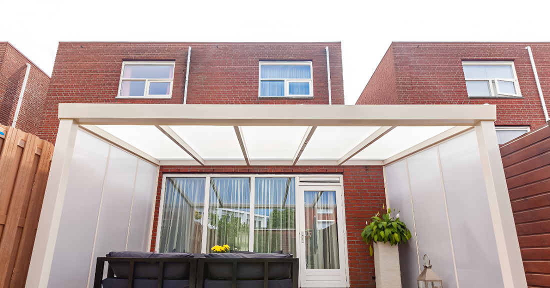 Deponti Giallo Aluminium Pergola Veranda White - Front View with Sofa Set