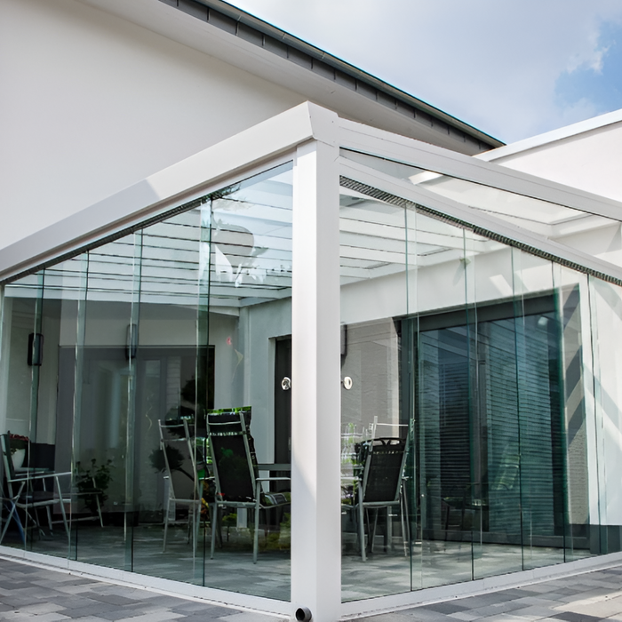 Deponti Giallo Aluminium Pergola Veranda White - With Glass Doors and Dining Table Inisde