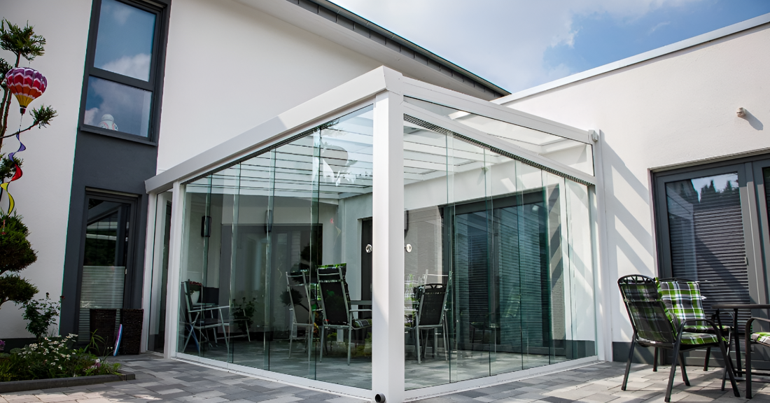 Deponti Giallo Aluminium Pergola Veranda White - With Glass Doors and Dining Table Inisde