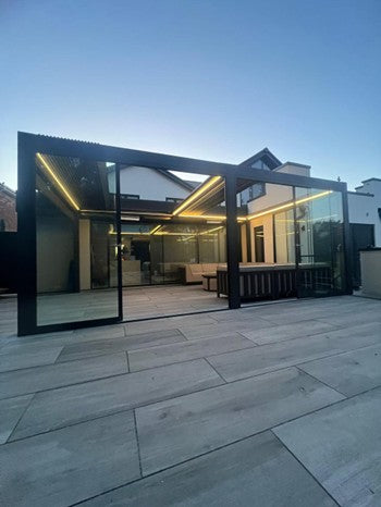 Aluminium Pergola with Retractable Roof & Glass Doors Installation - Stockport