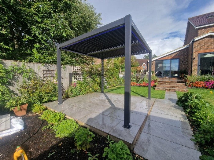 Anthracite Grey Pergola with Blinds Installation - West Wickham