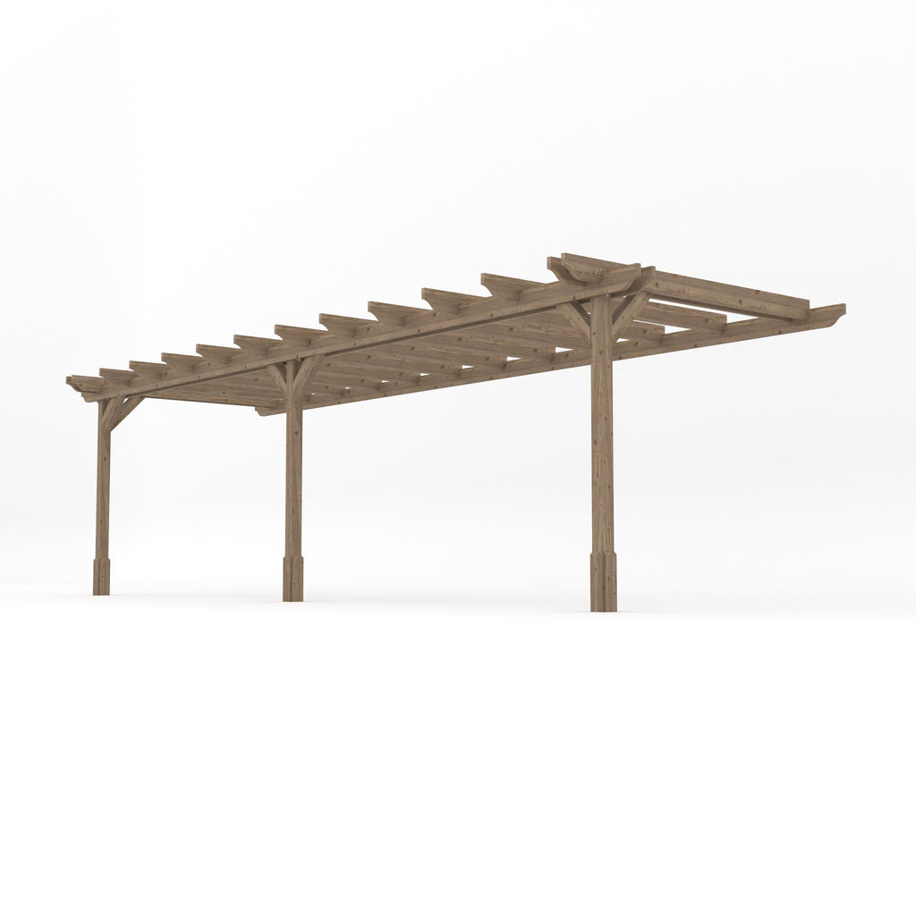 Wall Mounted Double Garden Pergola - Rustic Brown - 4.8m Depth x 7.8m Length