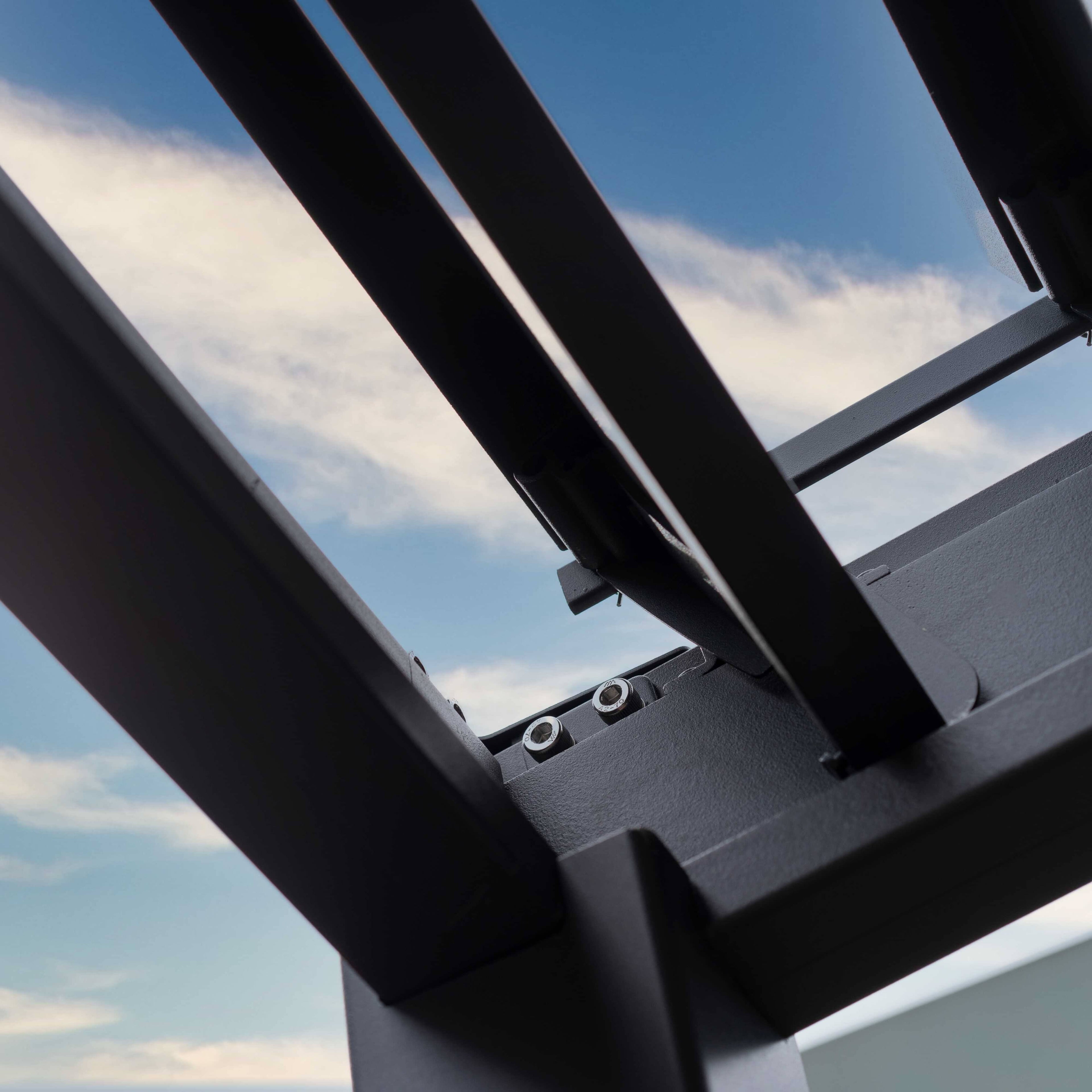 Close up of a louvered roof gazebo winding mechanism