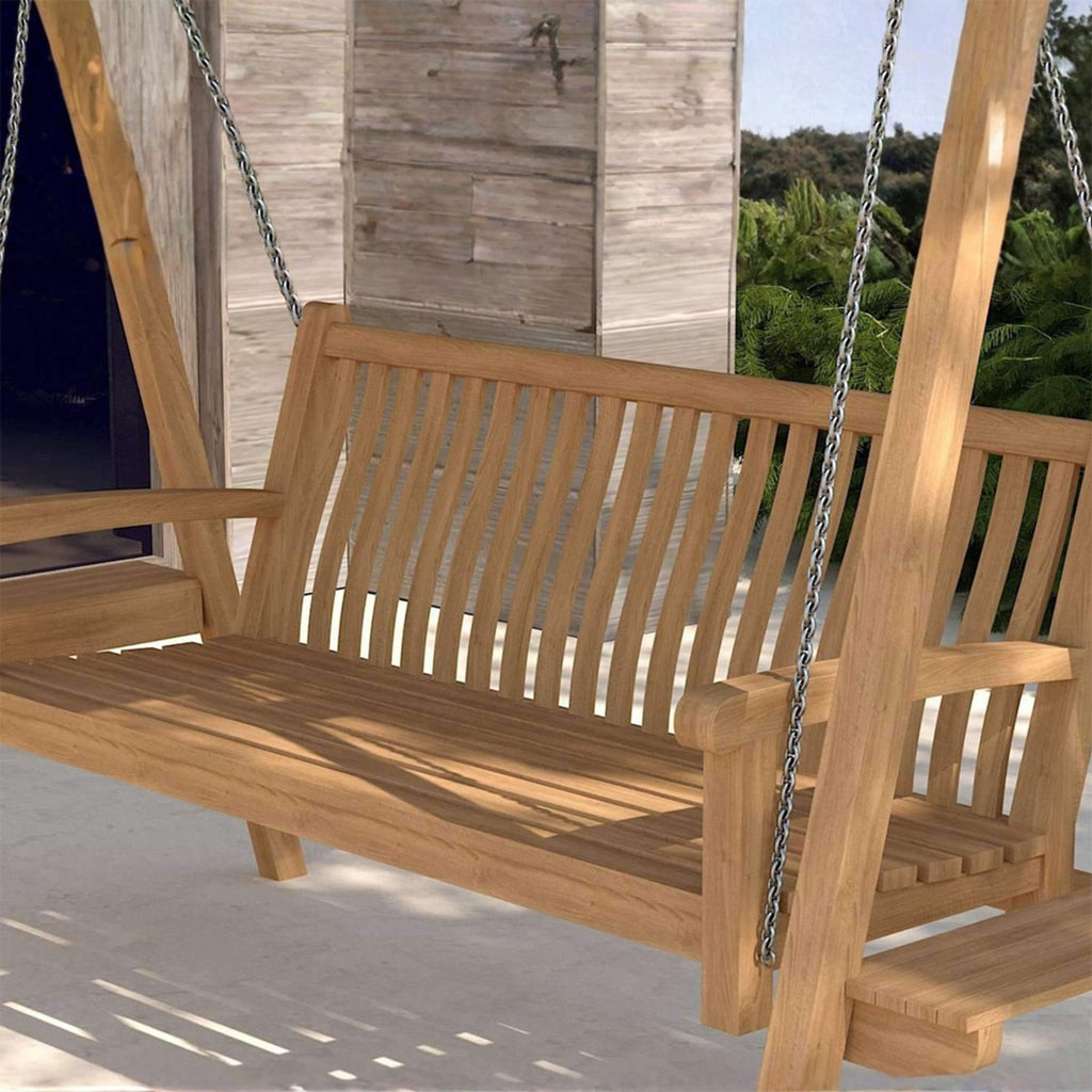Close-up of handcrafted teak frame on Chic Teak garden swing seat