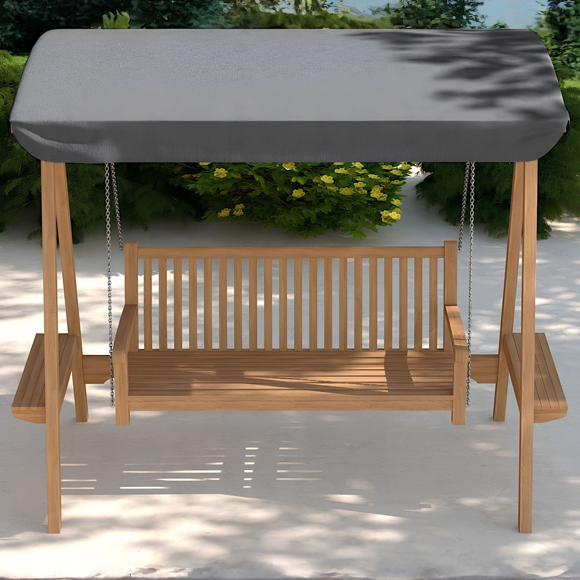 Chic Teak outdoor teak swing seat with charcoal grey canopy Front view