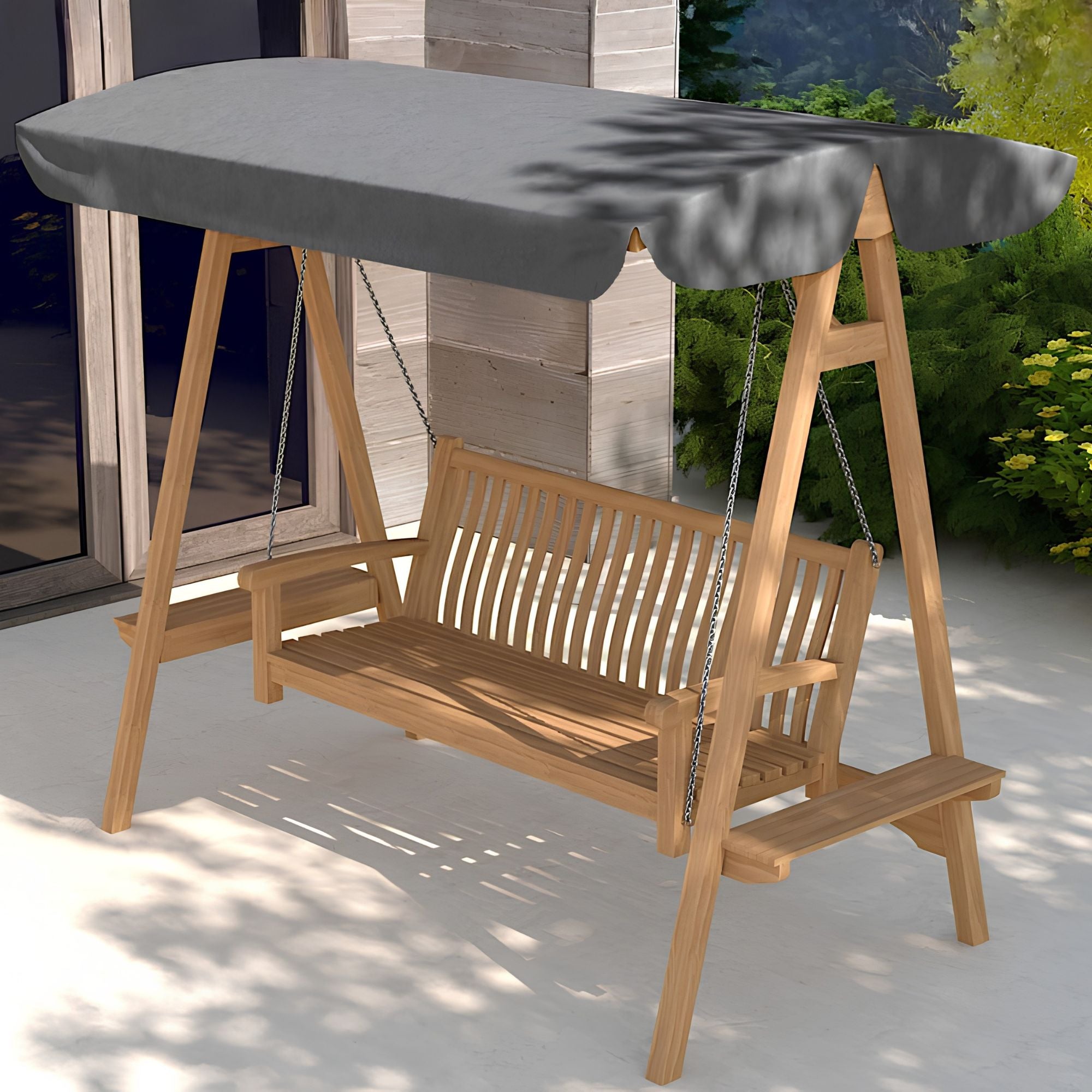 Chic Teak outdoor teak swing seat with charcoal grey canopy angled view