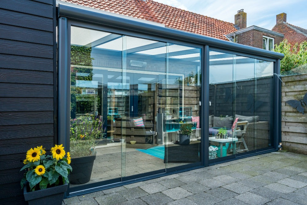 Deponti Bosco Aluminium Pergola Veranda Black - Front Side View with Glass Sliding Door