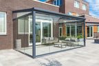 Deponti Bosco Aluminium Pergola Veranda Grey - Front Left View Attached to the House