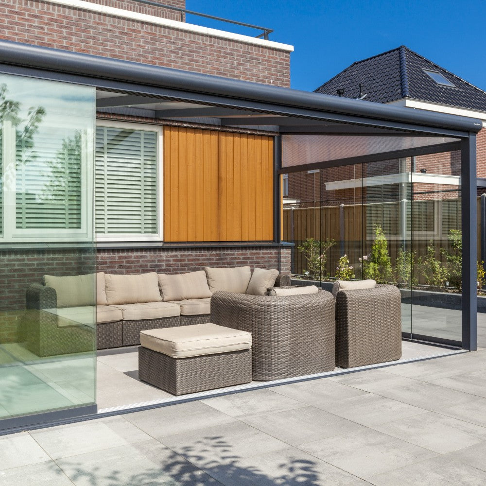 Deponti Bosco Aluminium Pergola Veranda Grey - Front View with Sofa Set