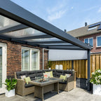 Deponti Giallo Aluminium Pergola Veranda Grey - Front Side View with Sofa Set