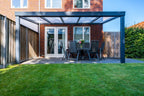 Deponti Giallo Aluminium Pergola Veranda Grey - Front View with Dining Table