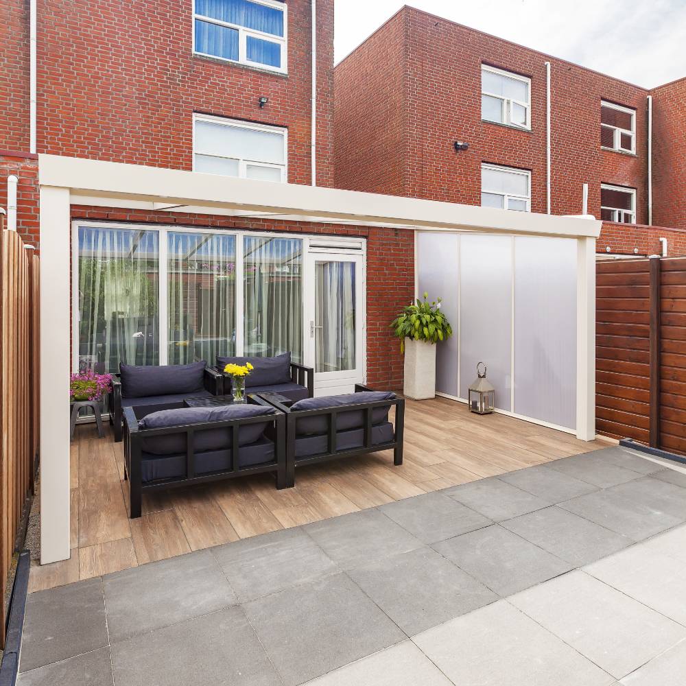 Deponti Giallo Aluminium Pergola Veranda White - Front View Attached to the House