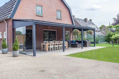 Deponti Pigato Aluminium Pergola Veranda Grey - Front Side View with Dining Table and Sofa Set