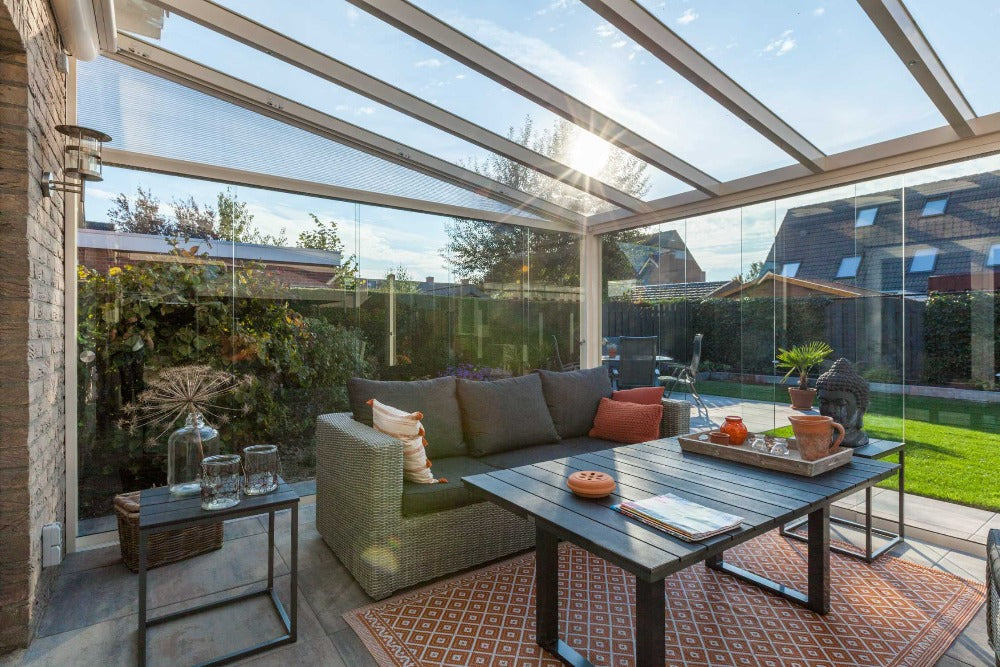 Deponti Pigato Aluminium Pergola Veranda White - Inside View with Sofa Set