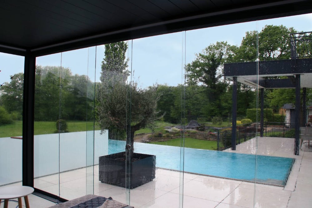 Deponti Pinela Aluminium Pergola Veranda - From Inside View with Pool at the Side