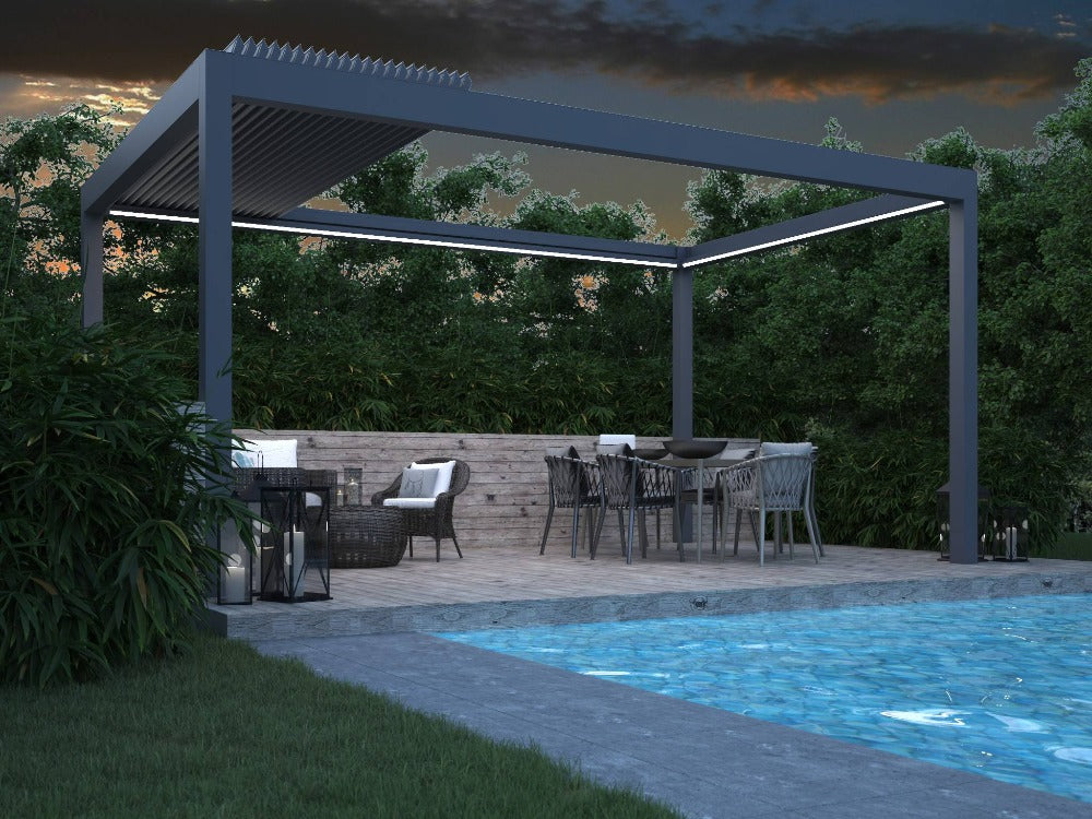 Deponti Pinela Deluxe Electric Retractable Aluminium Pergola - Open Roof Beside the Pool