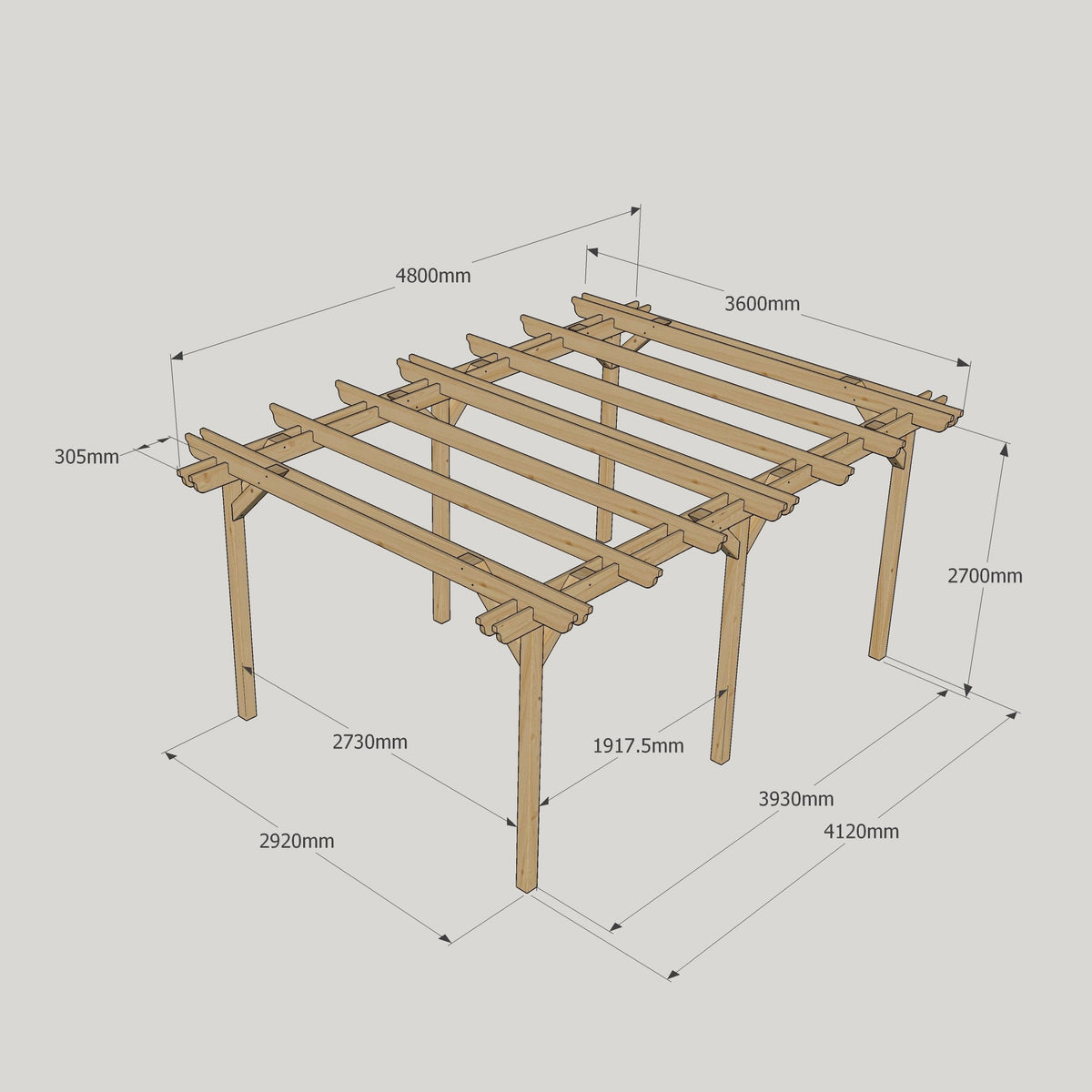 Freestanding Double Garden Pergola - Rustic Brown - 3.6m Width x 4.8m Length
