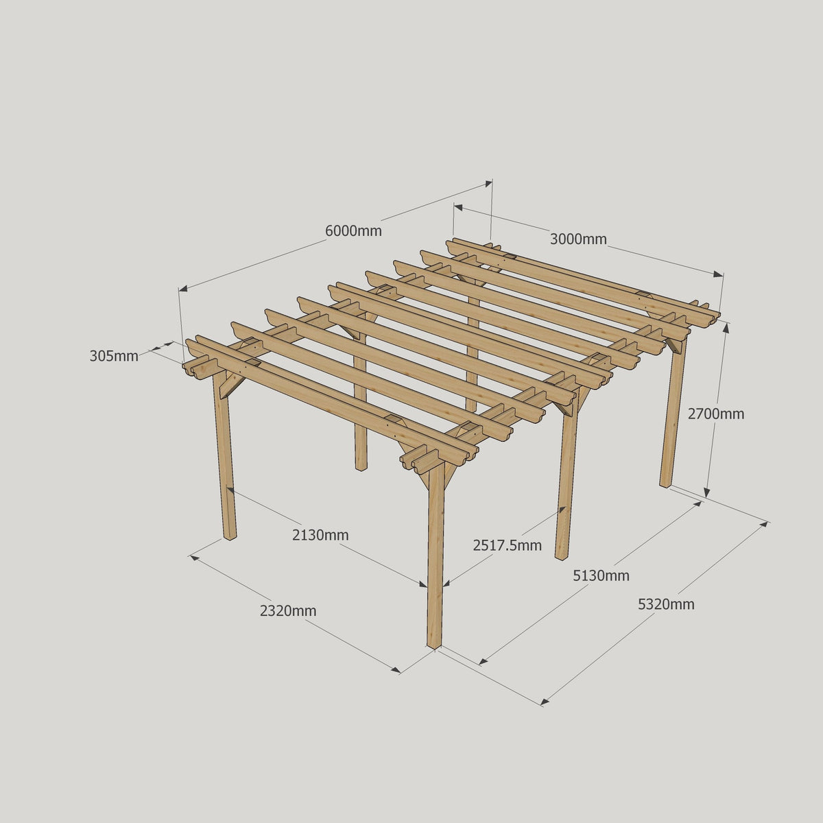 Freestanding Double Garden Pergola - Rustic Brown - 3m Width x 6m Length