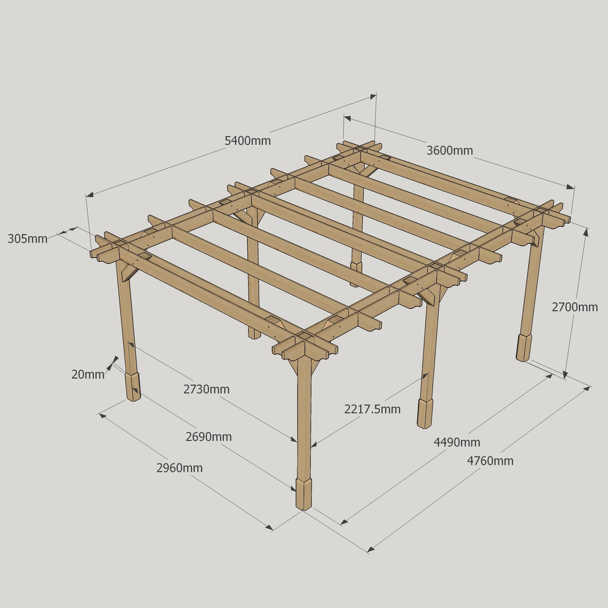 Freestanding Double Premium Pergola - Rustic Brown - 3.6m Width x 5.4m Length