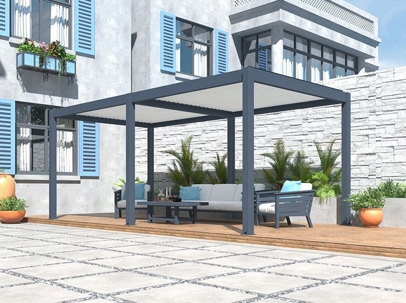 Eclipse Motorised Pergola 5m x 3.5m with Sofa Set Inside, Front Side View