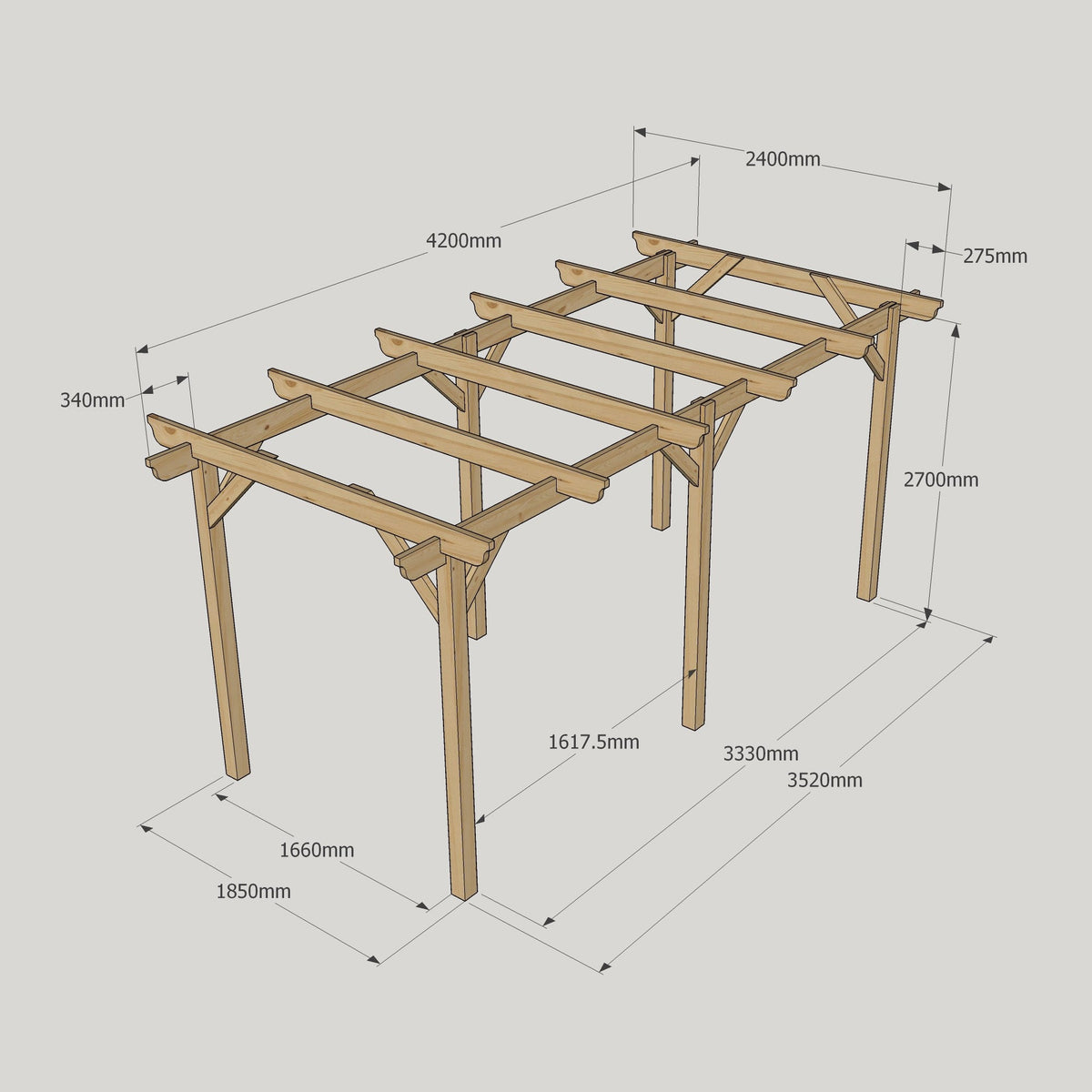 Freestanding Garden Pergola - Rustic Brown - 2.4m Width x 4.2m Length