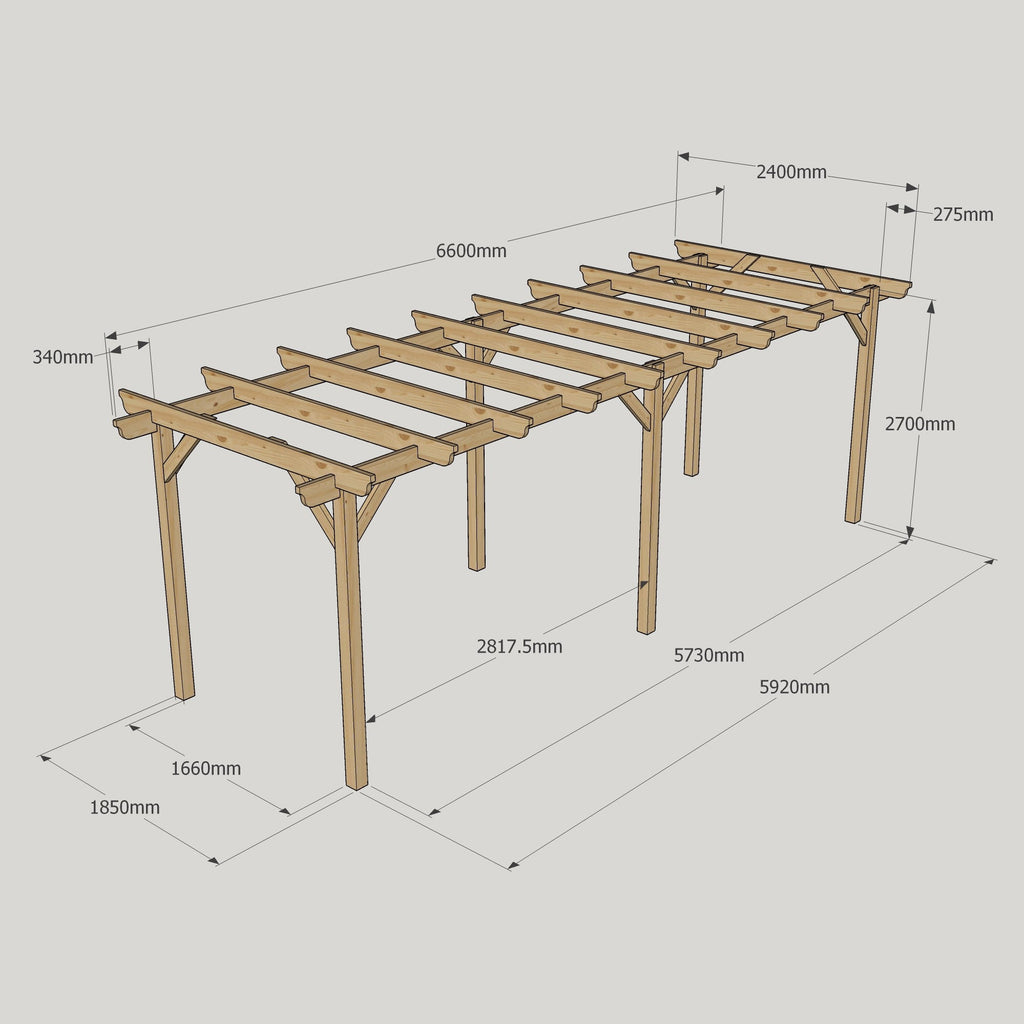 Freestanding Garden Pergola - Rustic Brown - 2.4m Width x 6.6m Length