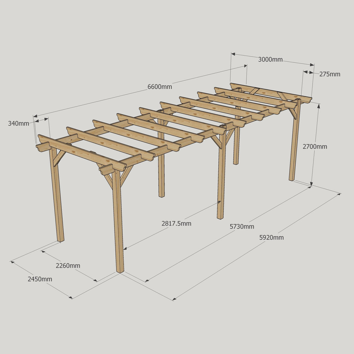 Freestanding Garden Pergola - Rustic Brown - 3m Width x 6.6m Length