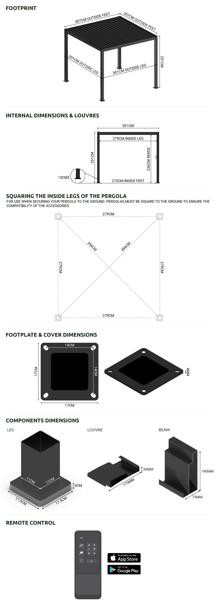 Nova Titan Plus Motorised Aluminium Pergola 3m x 3m Dimensions