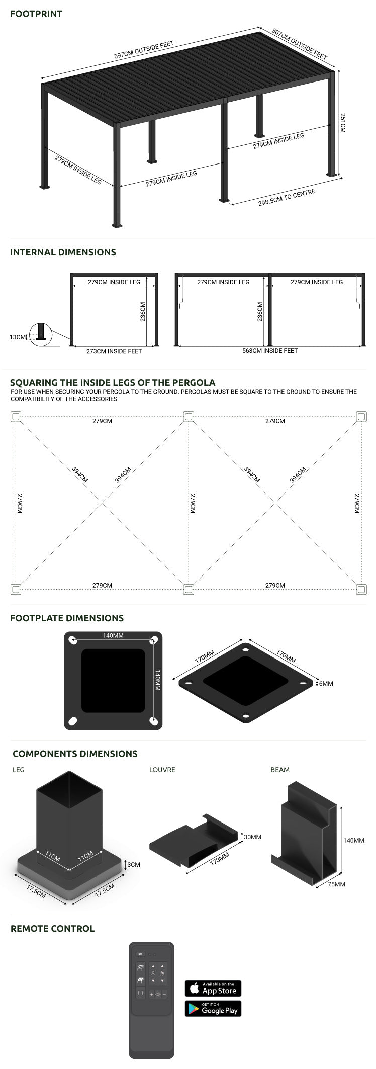 Nova Titan Plus Motorised Aluminium Pergola 3m x 6m Dimensions