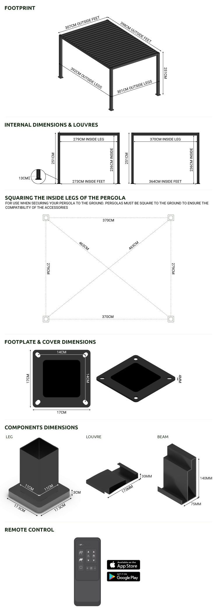 Nova Titan Plus Motorised Aluminium Pergola 4m x 3m Dimensions