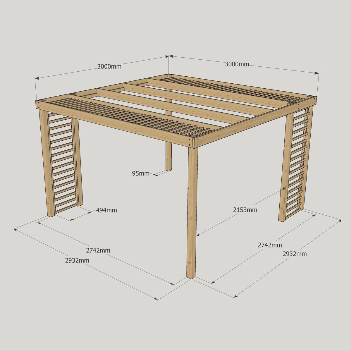 Freestanding Panel Pergola - Rustic Brown - 3m Width x 3m Length