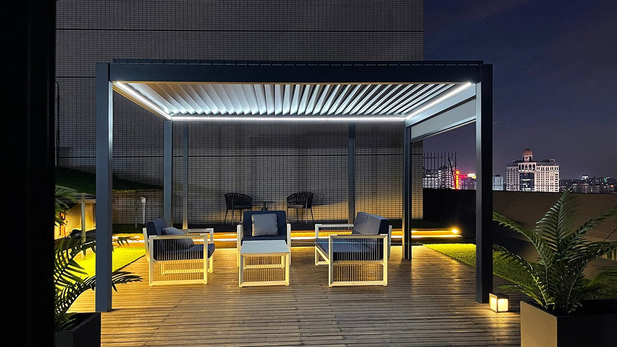 Remanso Luxury Electric Pergola with Sofa Set and Led Lights