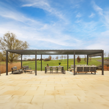 Suns Lifestyle Alvaro Louvered Pergola Black Outdoor Open Roof With Sofa and DIning Table