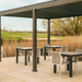 Suns Lifestyle Alvaro Louvered Pergola Black Outdoor With Tables and Chairs
