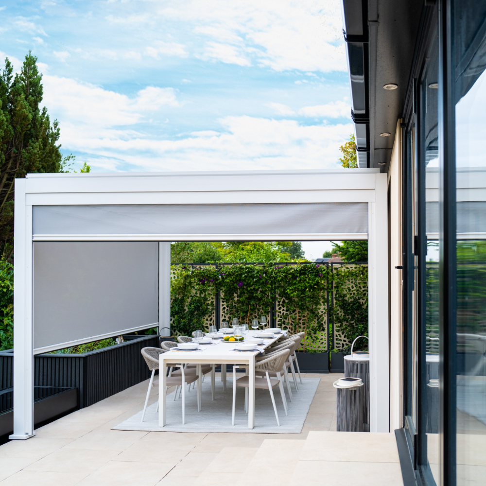 Suns Lifestyle Alvaro Louvered Pergola White Outdoor With Dining Table