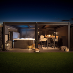 Suns Lifestyle Maranza Vented Pergola Lifestyle With Outdoor Tub and Elevated Table and Chairs