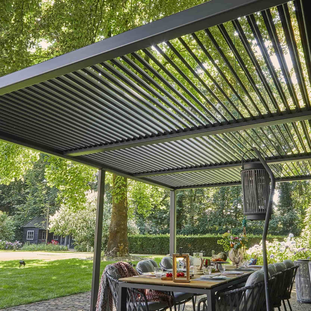 Suns Lifestyle Maranza Vented Pergola Lifestyle with Dining Table and Chairs Open Roof