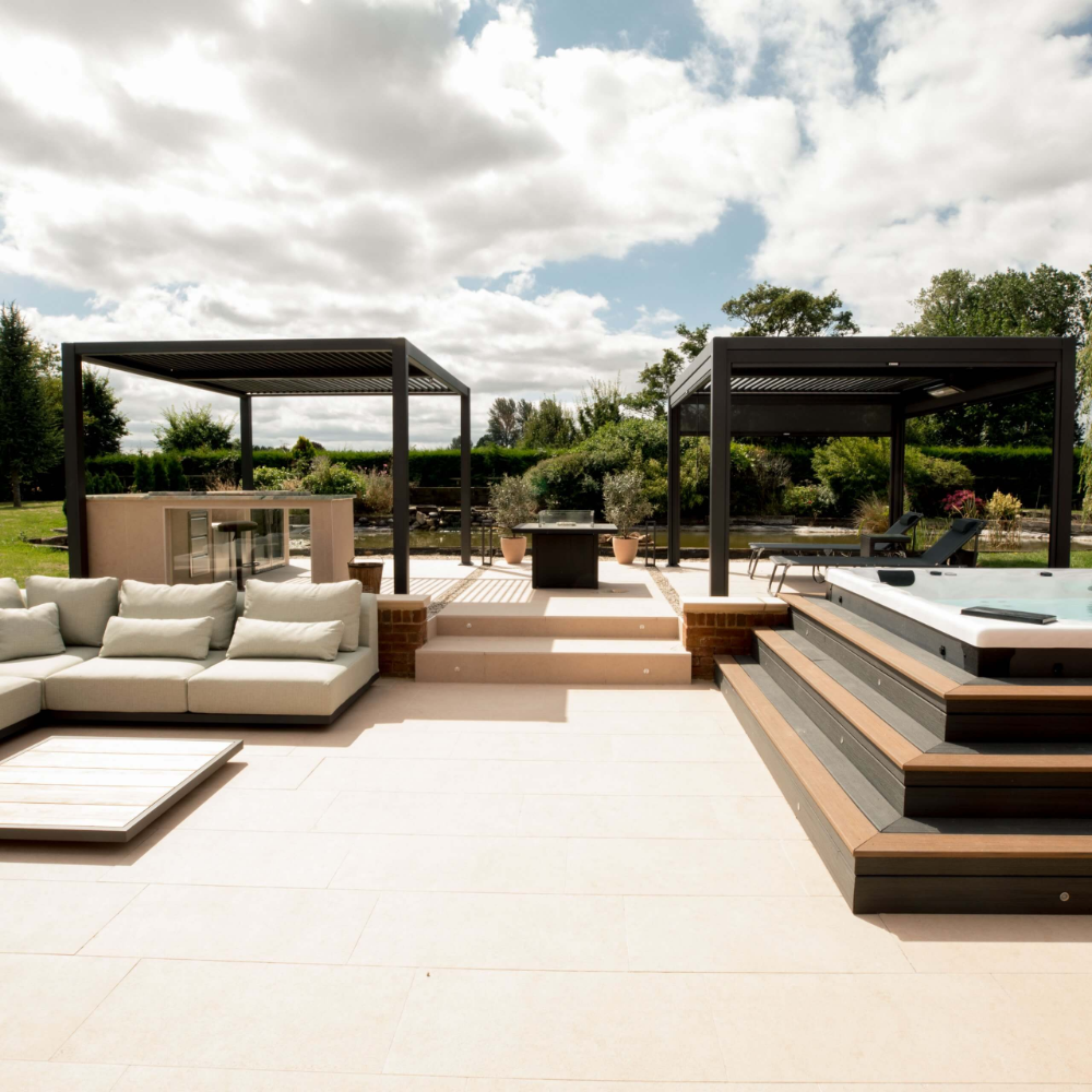 Suns Lifestyle Maranza Vented Pergola Lifestyle Dual with Sofa and Table